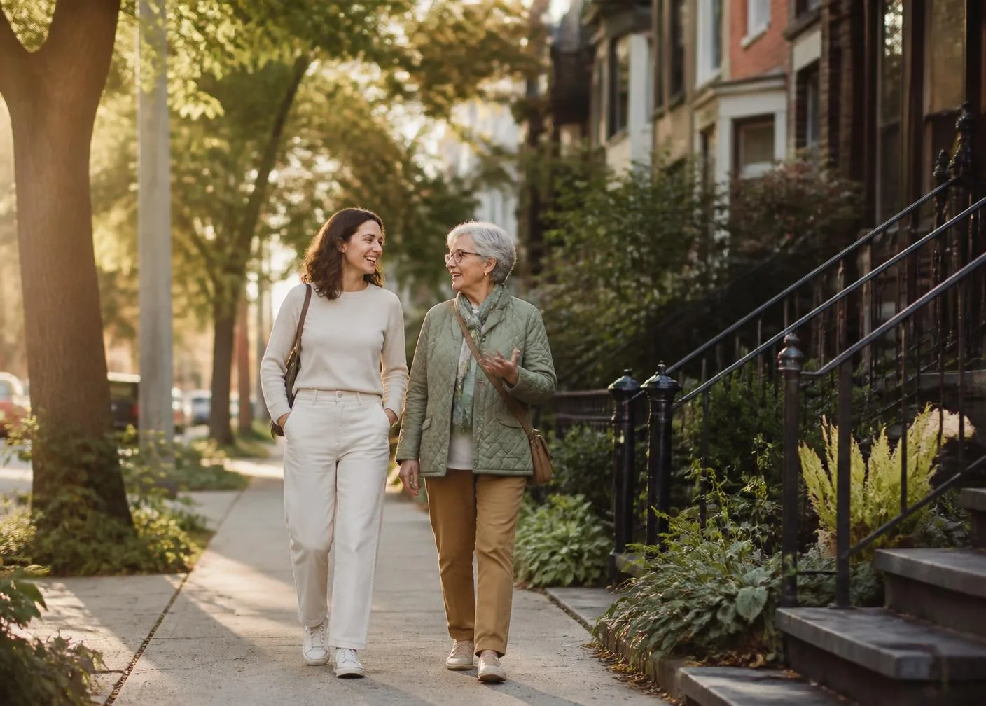 A companion and an older adult walking and talking together on a sunny Toronto street